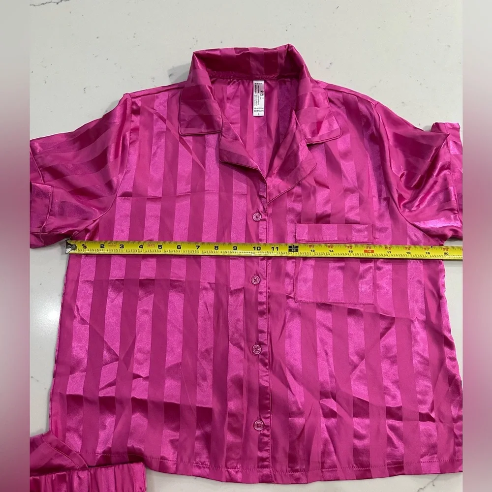Vibrant Striped Satin Pajama Set – Hot Pink Luxe Lounge Set Size L - Picture 4 of 5